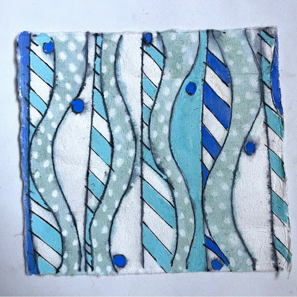 Blue Wave Abstract Painting with Watercolor Textures